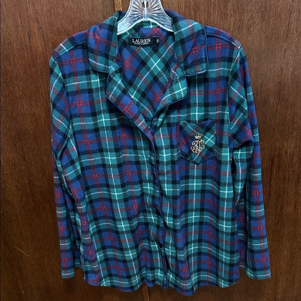 Lauren Ralph Lauren women's blue and green plaid fleece pajama top size L